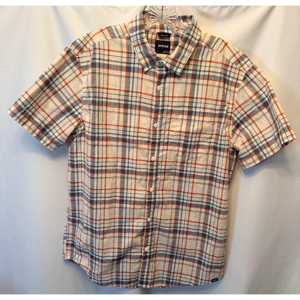 PrAna Men's Medium Short Sleeve Button Up Shirt Ivory‎ Blue Orange Plaid Hiking